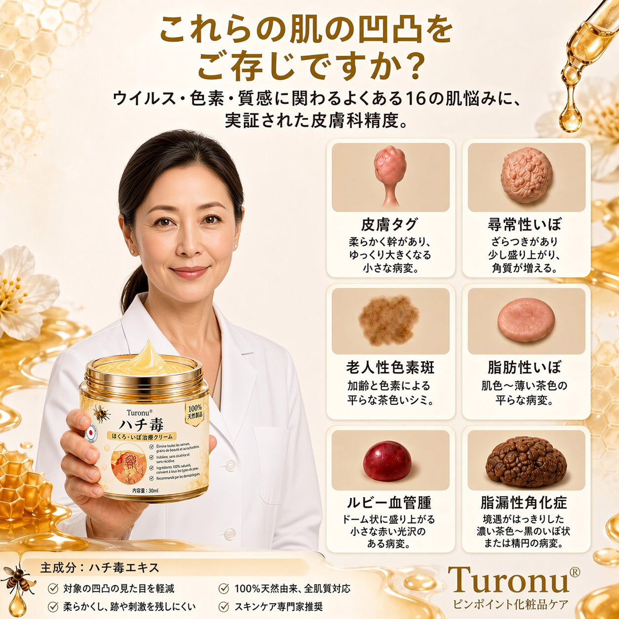 🐝 Turonu® 蜂毒配合の先進ケアクリーム｜イボ・肌の気になる部分へ 👨‍⚕️ 皮膚科学に着想を得た処方 | ご自宅でできる集中ケア🍯